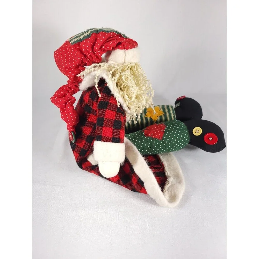Vintage weighted Santa Doll wearing patched Robe‎ and Hat Patchwork buttons